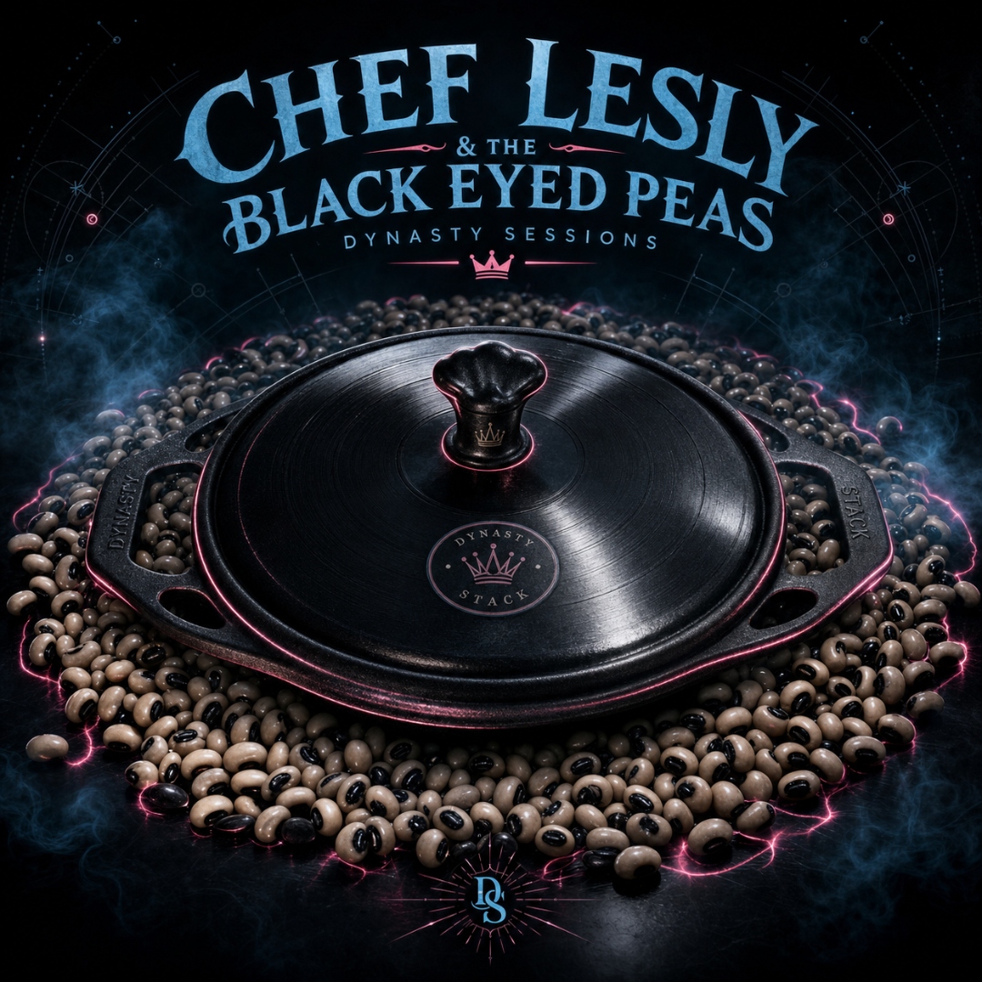 Chef Lesly & the Black Eyed Peas &mdash; Dynasty Sessions album cover: cast-iron skillet as vinyl record on a bed of black-eyed peas