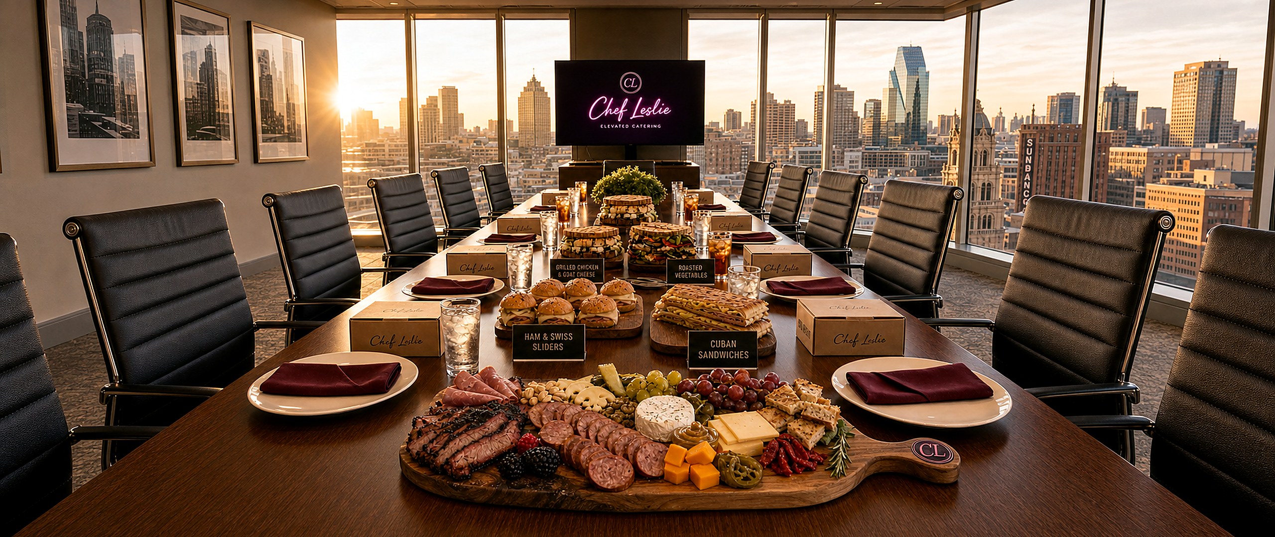 Chef Leslie boardroom catering spread — executive conference table with box lunches, sandwich platters and a Texas-shaped charcuterie board, Fort Worth skyline through the windows at golden hour, Chef Leslie screen logo on the wall