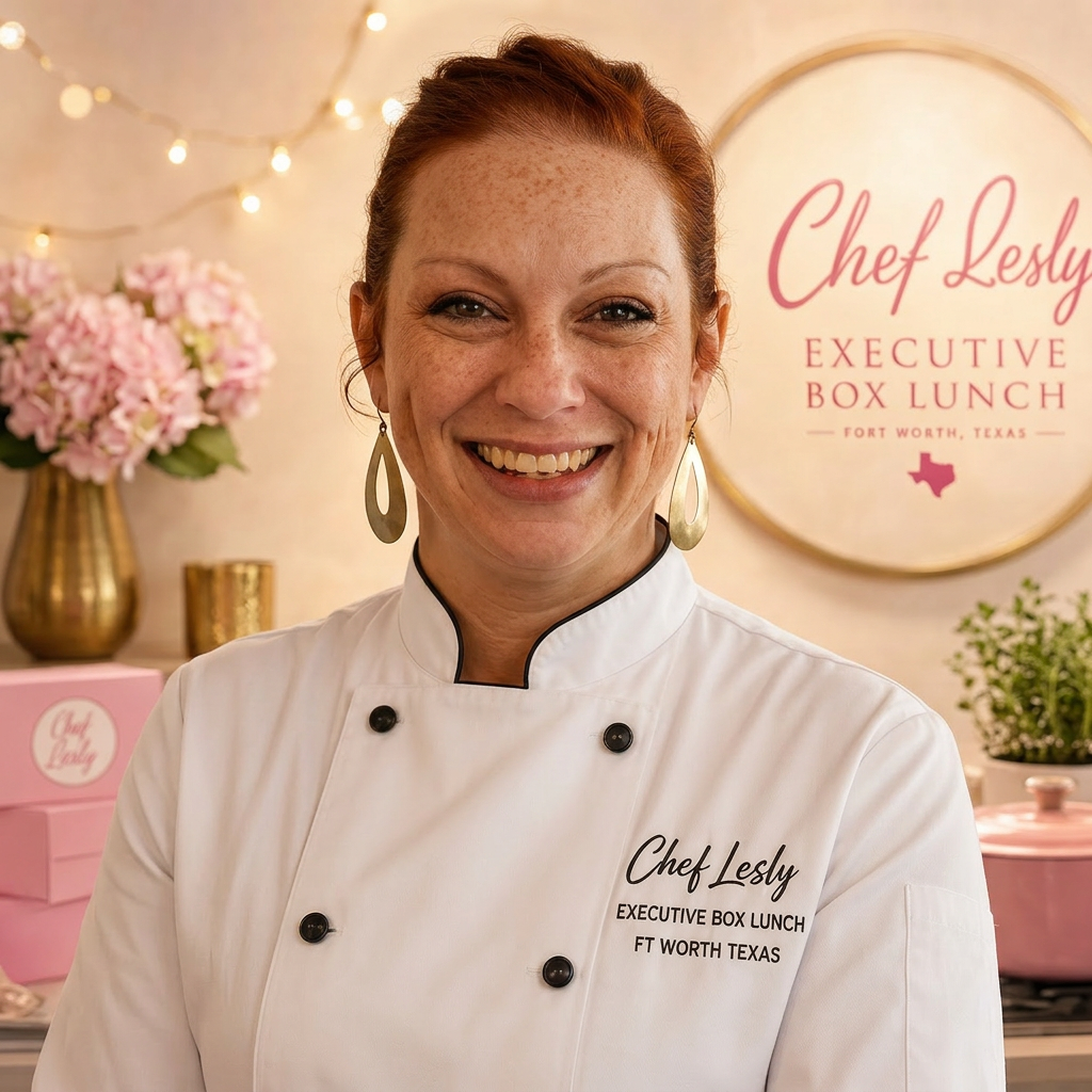 Chef Lesly, in her white chef coat embroidered with Chef Lesly Executive Box Lunch Fort Worth Texas