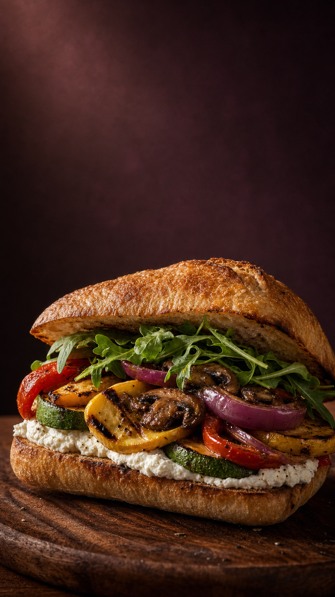 Roasted Vegetable sandwich — grilled vegetables, ricotta and arugula on toasted ciabatta