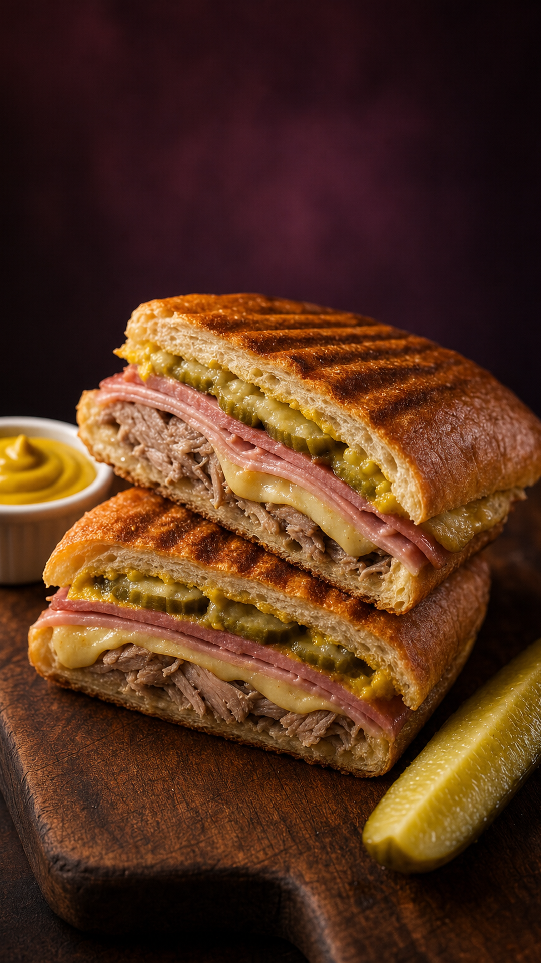 The Cuban — pressed and cut sandwich showing ham, pork, Swiss, pickles and mustard