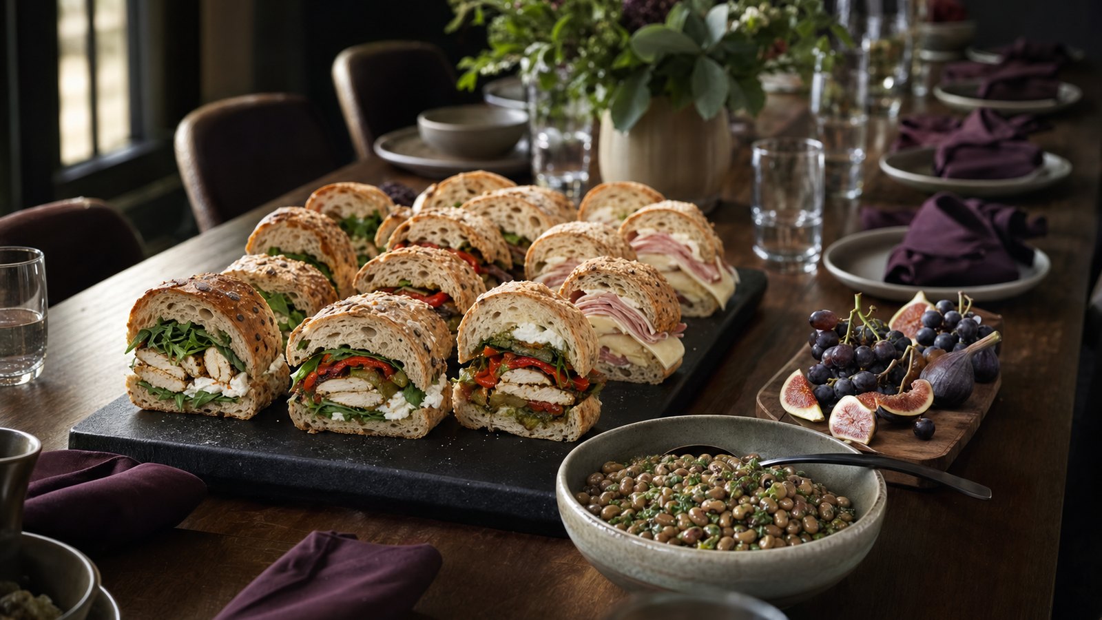A long walnut banquet table set for a corporate offsite: a slate tray of hand-cut sandwiches on seeded ciabatta, a bowl of black-eyed peas, figs and grapes on a board, plum linen napkins