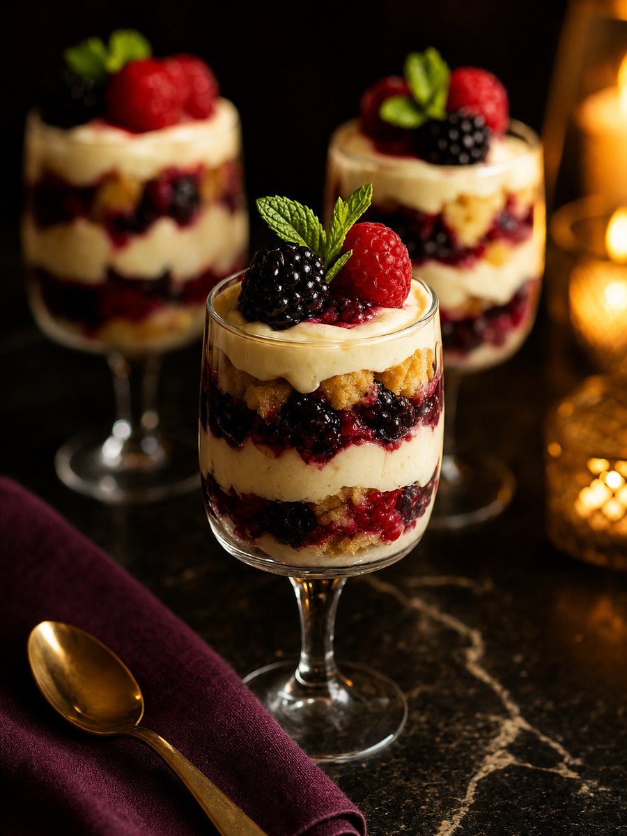 Three layered berry trifles in stemmed glasses on dark marble, mascarpone cream and macerated blackberries, gold spoon on plum linen